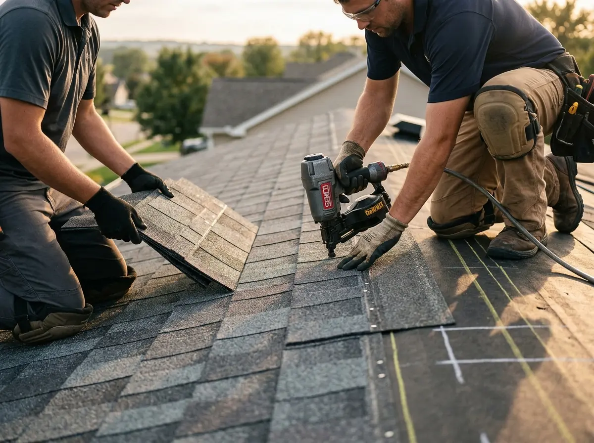 Professional roofer working on a residential roof in Palmerton